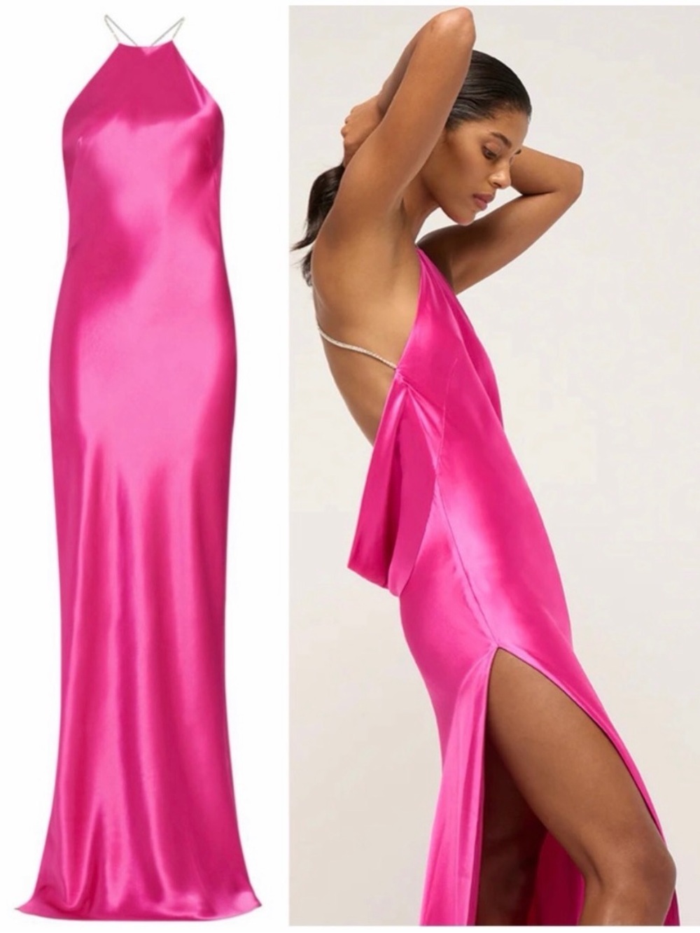 Michael Lo Sordo Charlie Bias Crystalline Halter Dress Hot Pink Silk Gown US 4